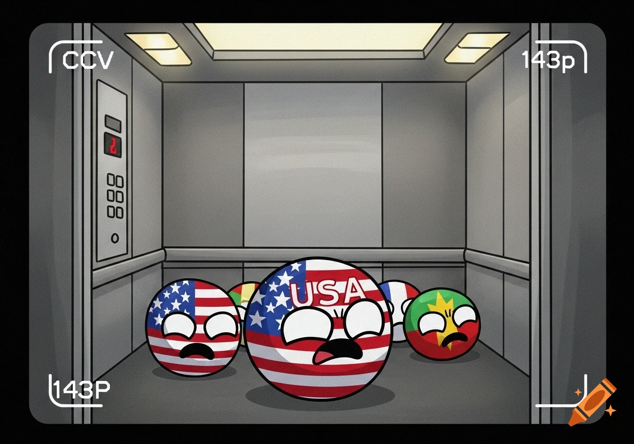 Countryballs, including a frightened USA, inside a grainy elevator depicted as CCTV footage.