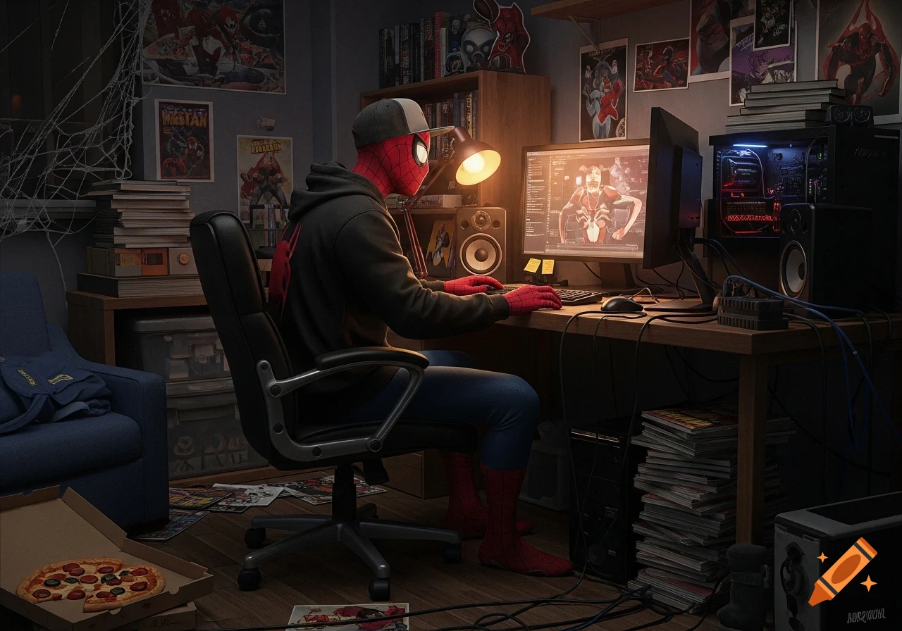 Spider-Man in a black hoodie and hat, sitting at a computer in a messy room adorned with comic book posters, coding or gaming.