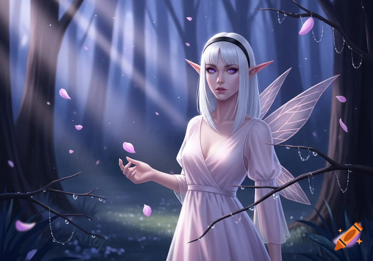A white-haired female elf with lavender eyes and wings in a pale pink dress in a dark enchanted forest, holding a pink petal.
