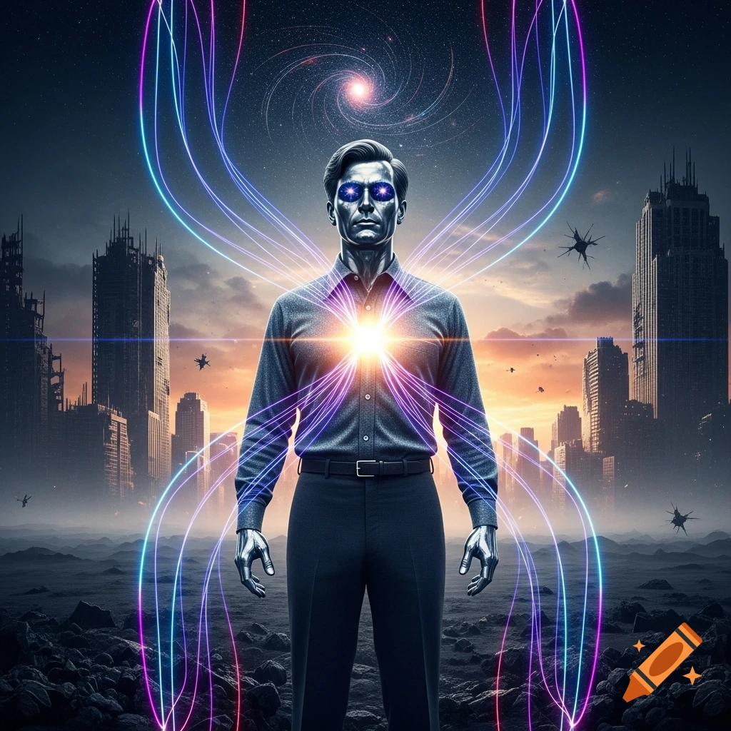 Photorealistic sci-fi image of a metallic man with glowing eyes and chest, framed by neon light streams, in an apocalyptic cityscape under a cosmic sky.