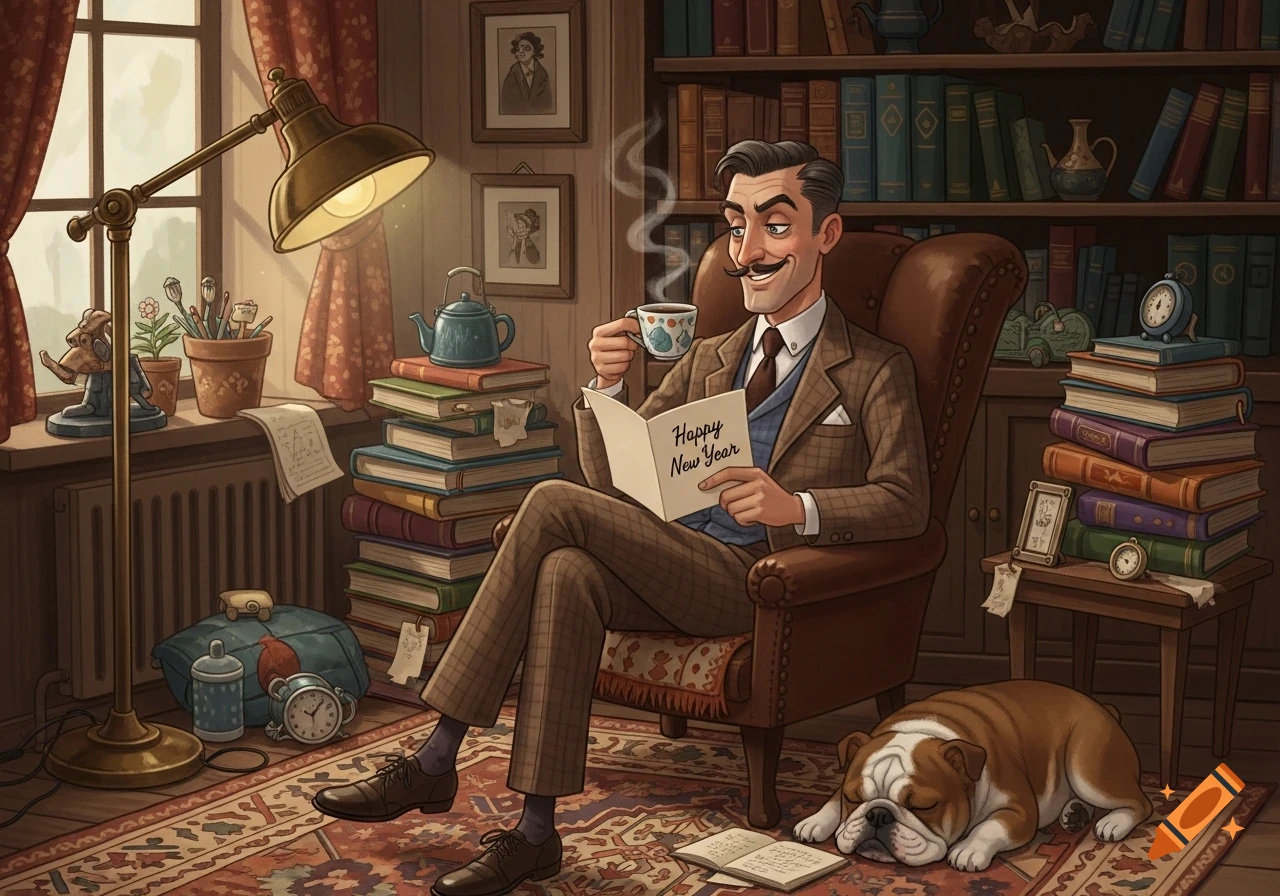 A man with a mustache reads "Happy New Year" in a cozy library, a bulldog sleeps nearby on a patterned rug.
