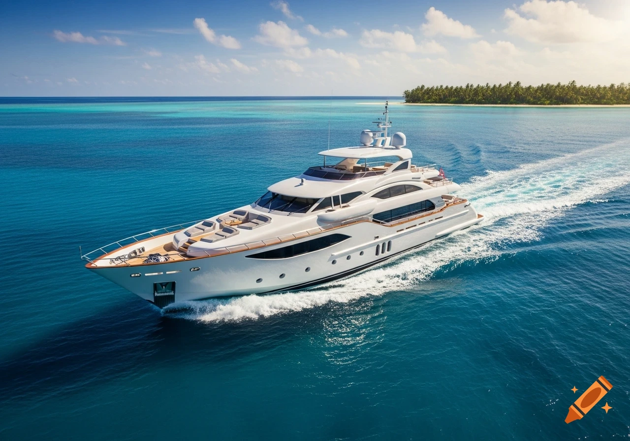 A large white yacht speeds across clear blue tropical water, leaving a white wake. A lush green island is visible in the distance under a sunny sky.
