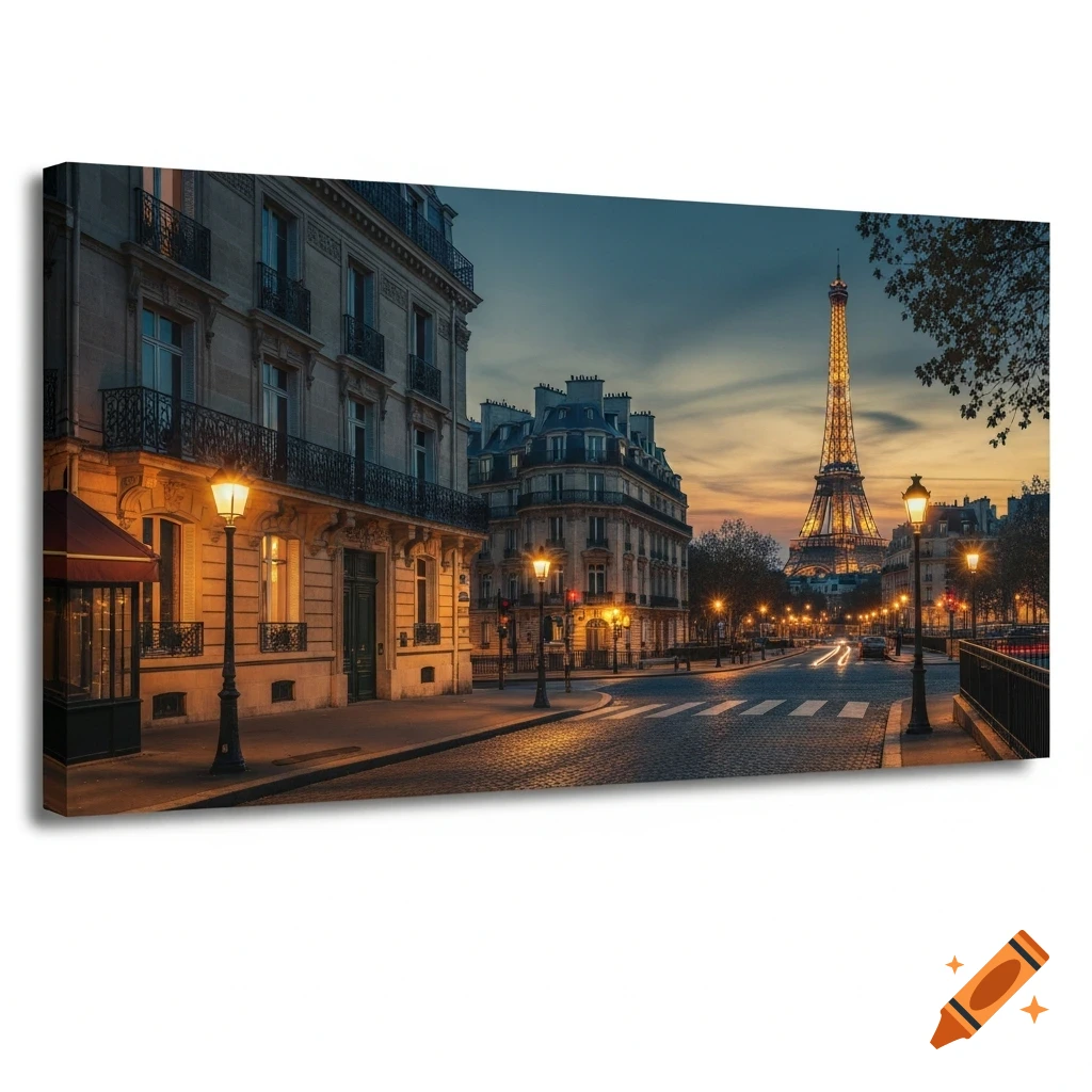 Photorealistic image of a Parisian street at dusk with illuminated buildings and streetlights, leading towards the Eiffel Tower.