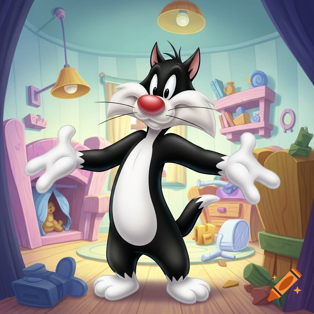 Sylvester the Cat stands in a brightly colored cartoon room, looking forward with his arms spread slightly.