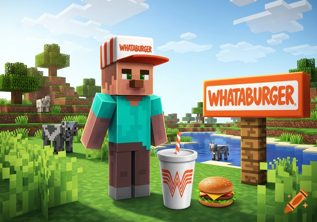 A Minecraft villager wearing a Whataburger hat stands with a cup, burger, and a Whataburger sign in a blocky landscape.