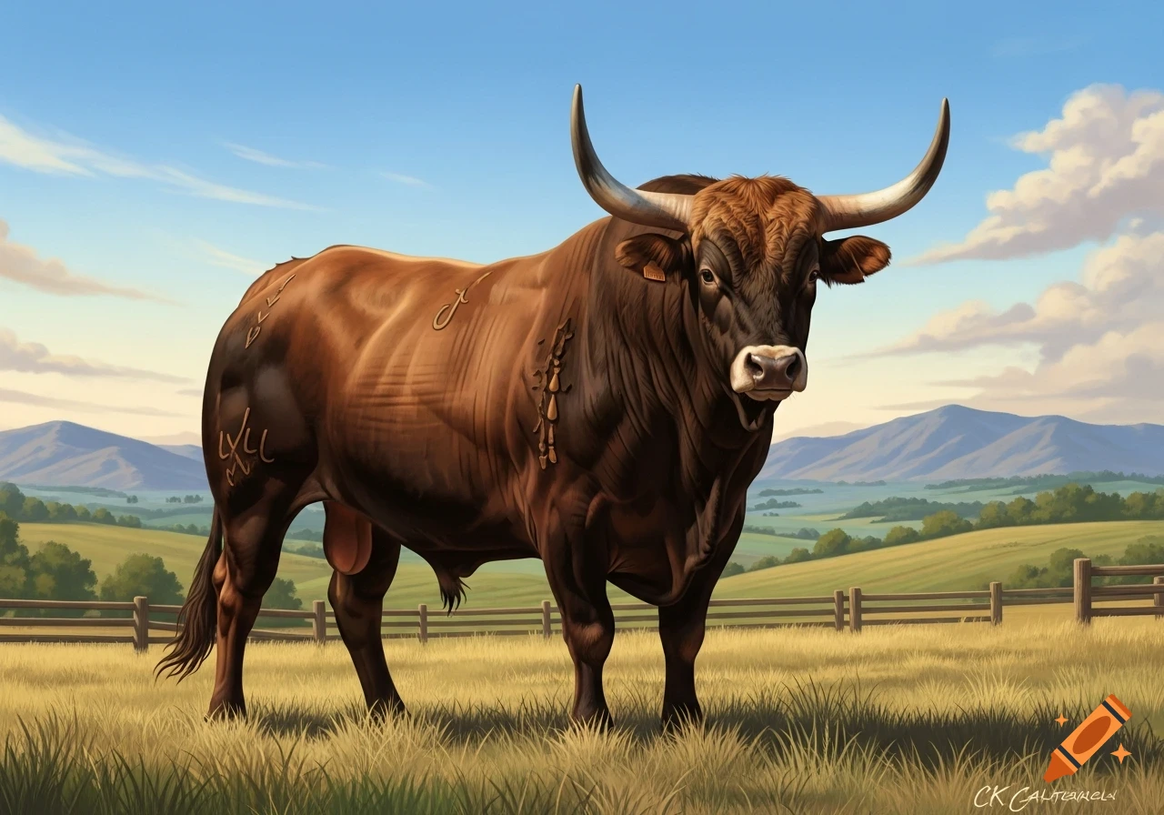 A majestic brown bull with large horns stands in a grassy field under a blue sky, with rolling hills in the background.
