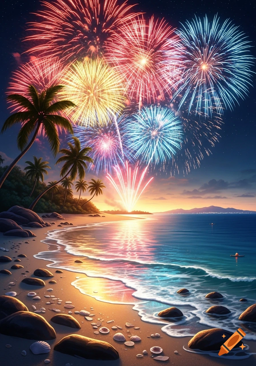Colorful fireworks light up the night sky over a tropical beach with palm trees and ocean at sunset.