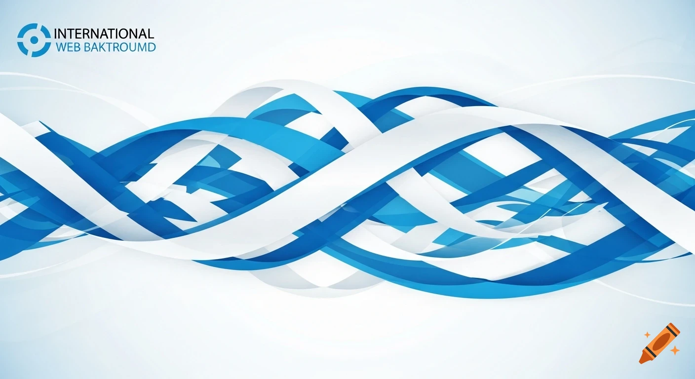 Abstract background with interwoven blue and white wavy ribbons, featuring a logo with text 'INTERNATIONAL WEB BAKTROUMD'.