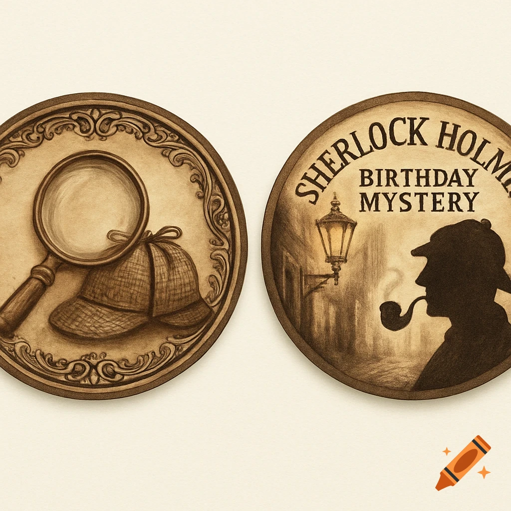 Two circular, vintage-style Sherlock Holmes badges. One features a magnifying glass and deerstalker hat; the other, a silhouette of Holmes and "SHERLOCK HOLMES BIRTHDAY MYSTERY" text.