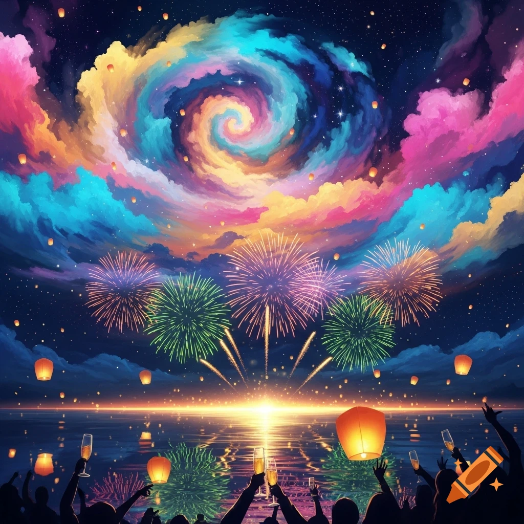 Vibrant night scene of people celebrating by a body of water, watching colorful fireworks and sky lanterns under a spiraling, multi-colored cloud sky.