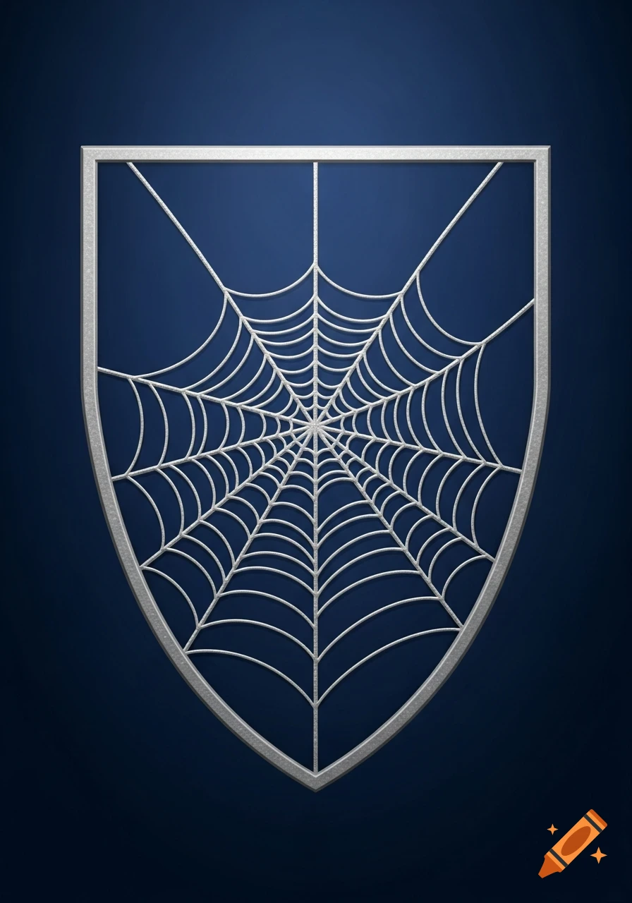 A silver shield featuring a detailed white spiderweb set against a deep blue background.