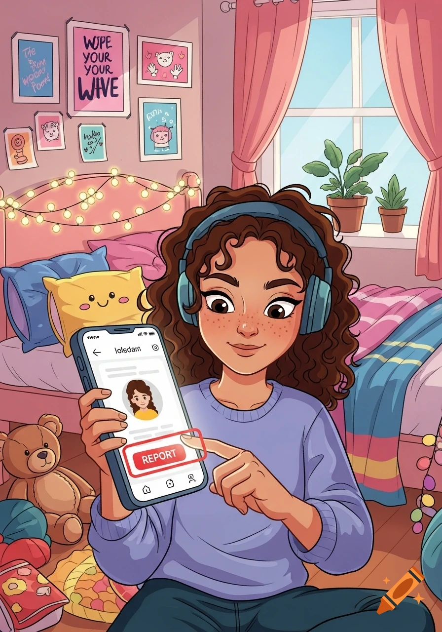 A cartoon teen with curly hair and headphones sits in a cozy bedroom, holding a phone and pressing a 'REPORT' button on a social media app.