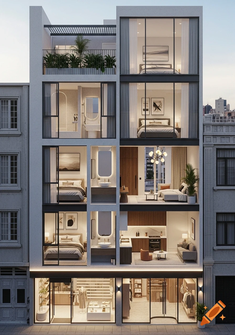 Photorealistic 3D cutaway of a modern multi-story building, showing ground-floor retail and residential units with bedrooms, bathrooms, living room, kitchen, and a balcony.