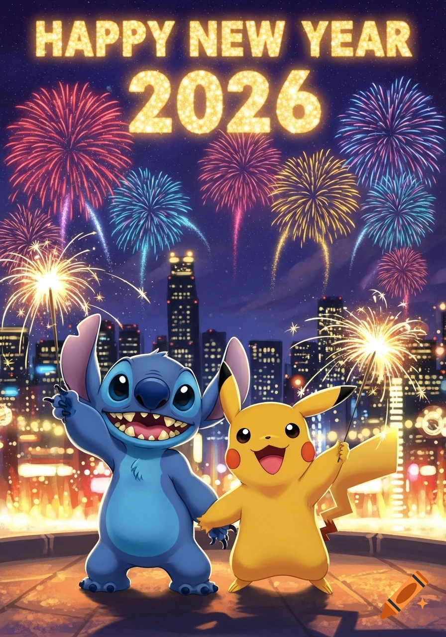 Stitch and Pikachu celebrate New Year's Eve in a city, holding sparklers under vibrant fireworks and glowing "HAPPY NEW YEAR 2026" text.