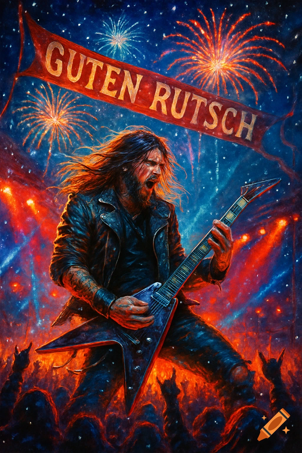 A vibrant, painterly illustration of a heavy metal musician playing an electric guitar on stage under fireworks and a 'GUTEN RUTSCH' banner.