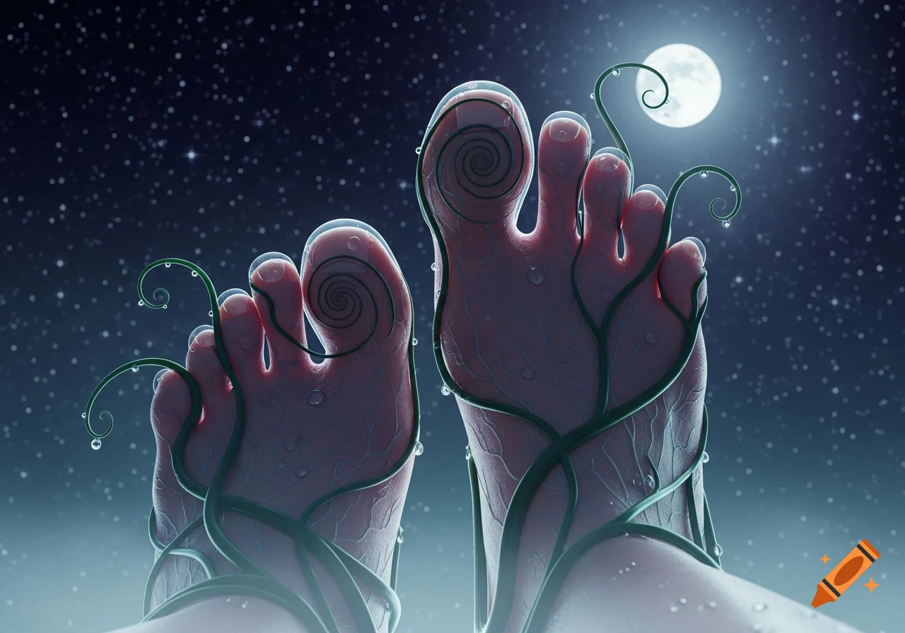 Stylized image of two human feet with spiral toes, wrapped in dewy green vines against a starry night sky with a full moon.