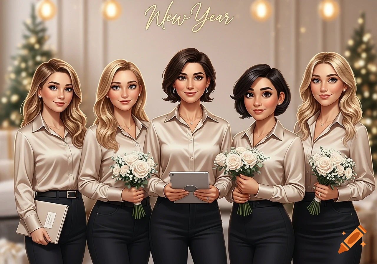 Five professional women in a festive, Pixar-style animation, holding flowers and a tablet, with "New Year" text.