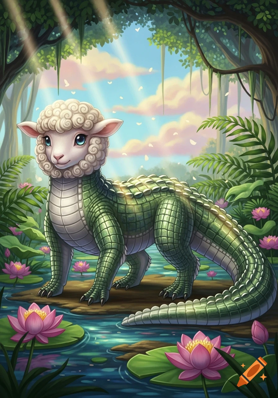 A cute, cartoon lamb-headed alligator hybrid stands in a lush tropical water garden with pink lotus flowers and lily pads.
