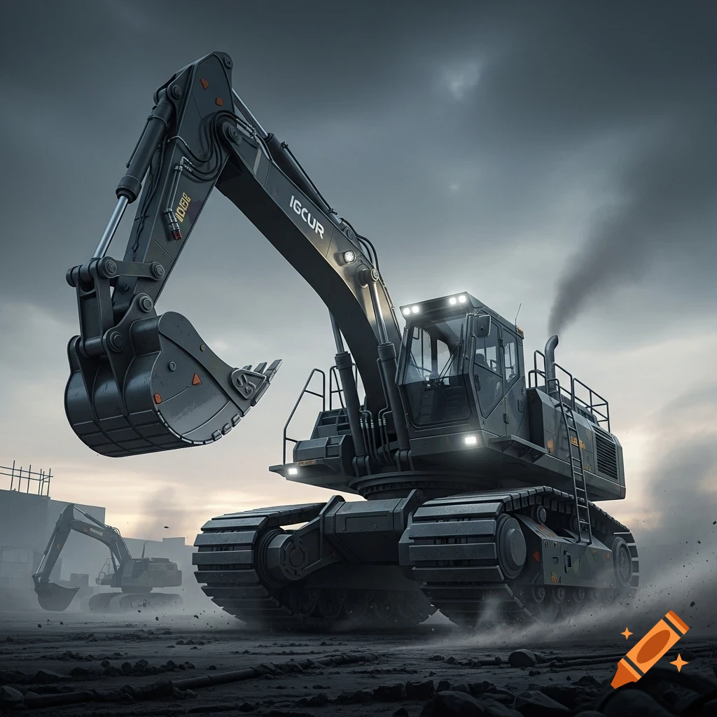A large, dark gray excavator on tank treads with its bucket raised, kicking up dust at a construction site under an overcast sky.
