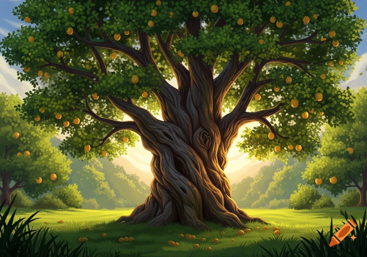 An old, twisted tree with green leaves and orange fruit stands in a lush green field at sunrise in an illustrative style.