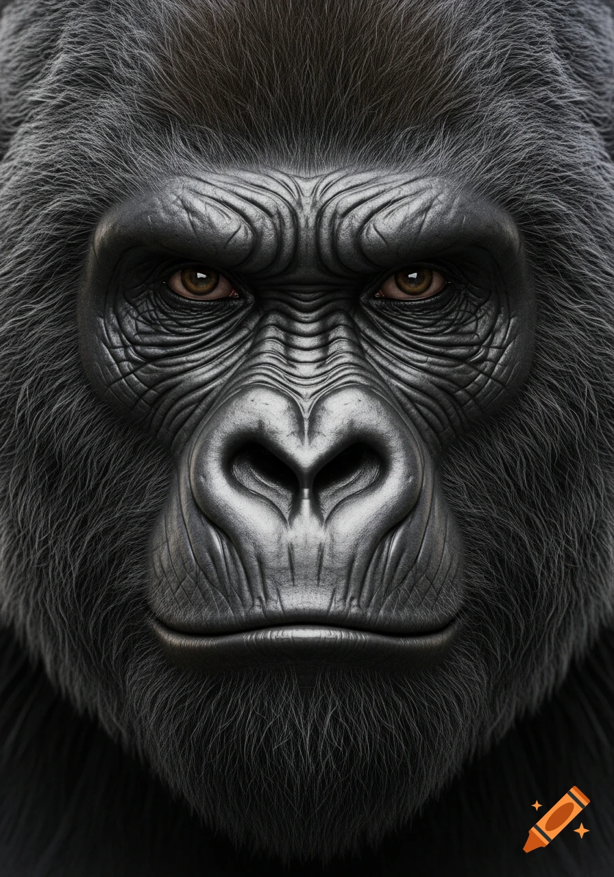 Close-up, photorealistic portrait of a majestic dark grey gorilla with expressive brown eyes.