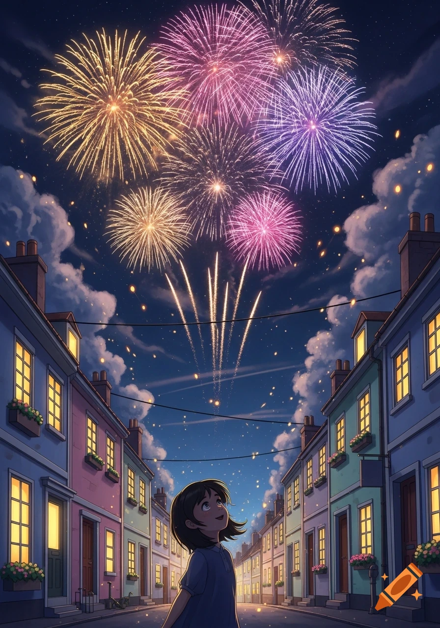 An anime girl looks up at colorful fireworks exploding above a street lined with pastel houses at night.