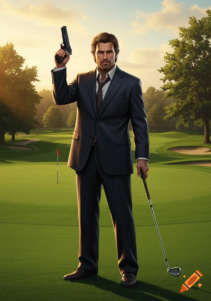 A man in a suit stands on a golf course, holding a pistol in the air with one hand and a golf club in the other.