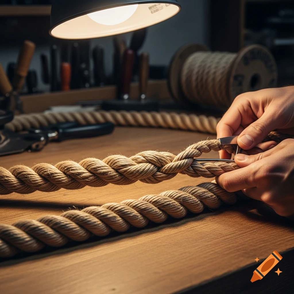 Close-up of hands splicing a thick rope on a wooden table, illuminated by a desk lamp in a workshop setting. Photorealistic.