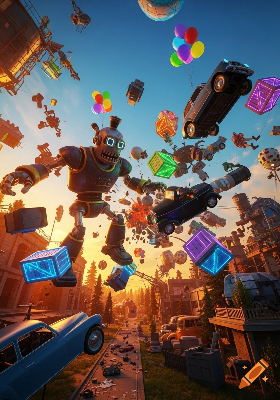 A giant metal robot with glowing eyes stands amidst a chaotic cityscape at sunset, with cars, glowing crates, and balloons flying through the sky.