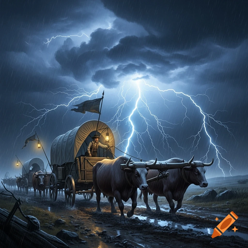 A photorealistic image of a wagon train, pulled by oxen, moving through a muddy landscape at night under a severe lightning storm.