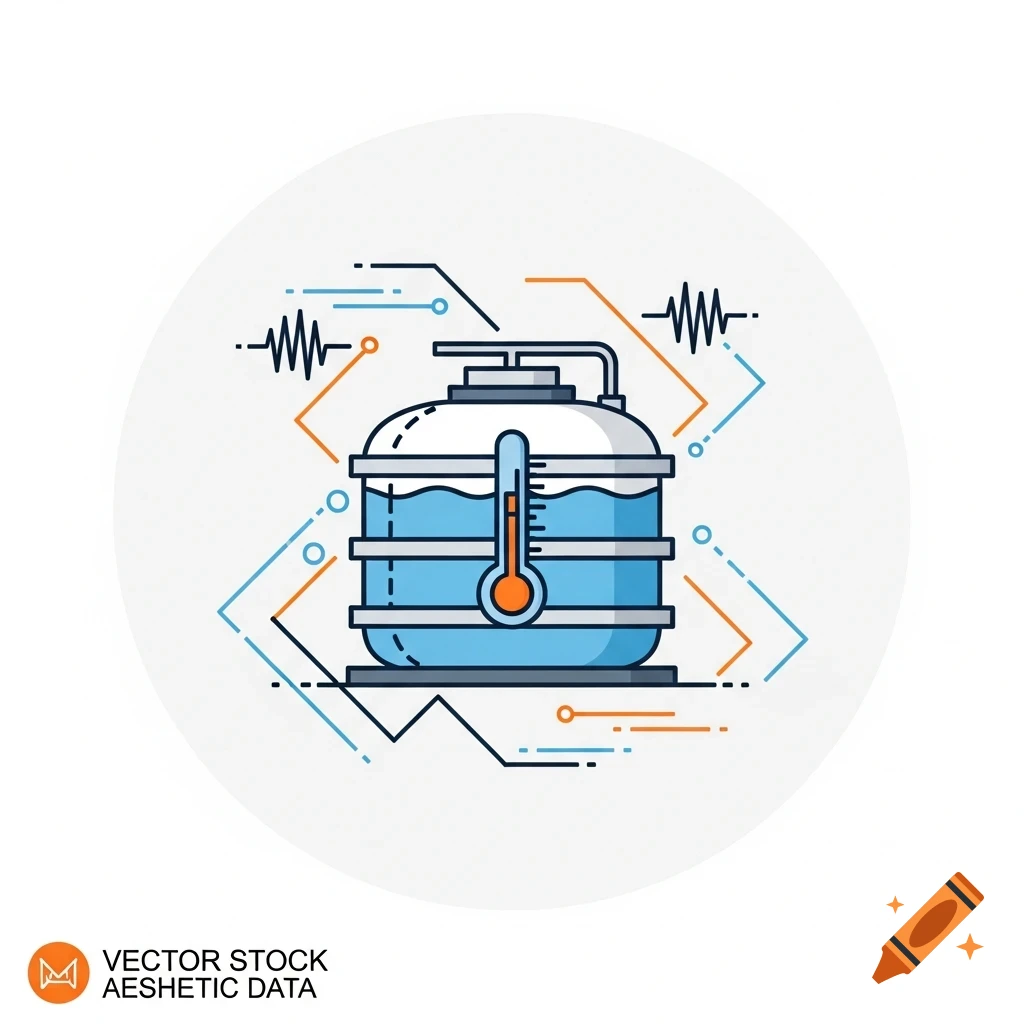 Flat design icon of a blue water tank with a thermometer and data flow lines in a white circle.