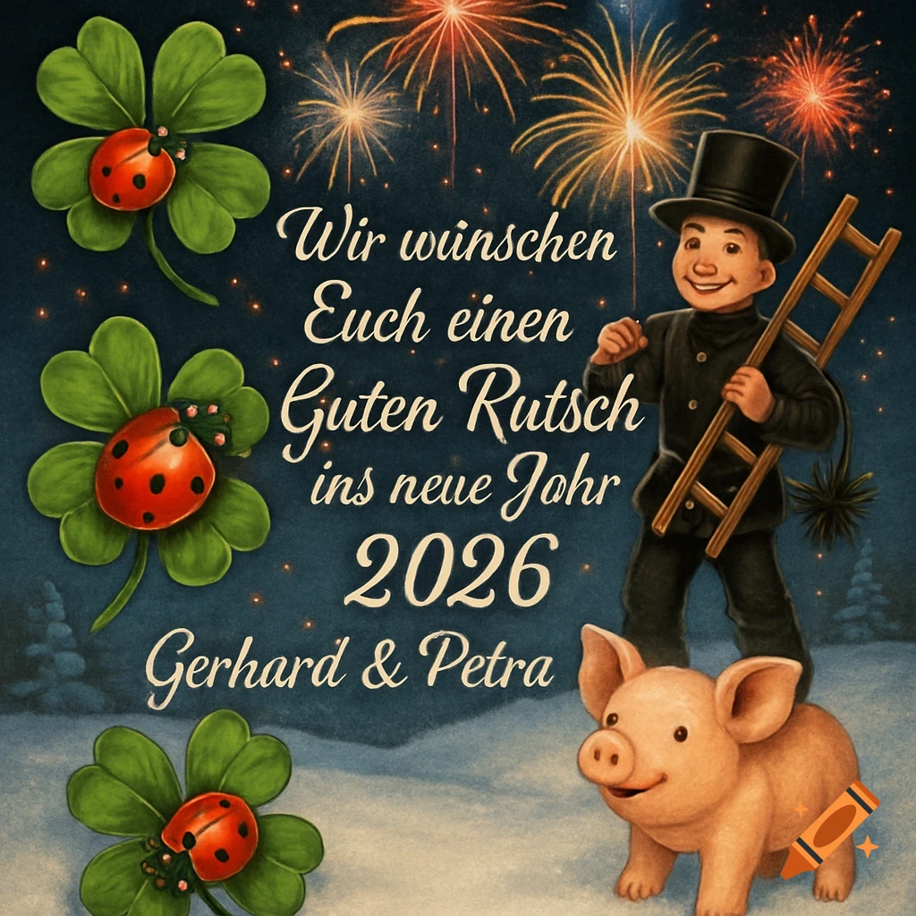 New Year's greeting card showing a chimney sweep, a pig, clover, ladybugs, and fireworks over a snowy scene. Text wishes for 2026.