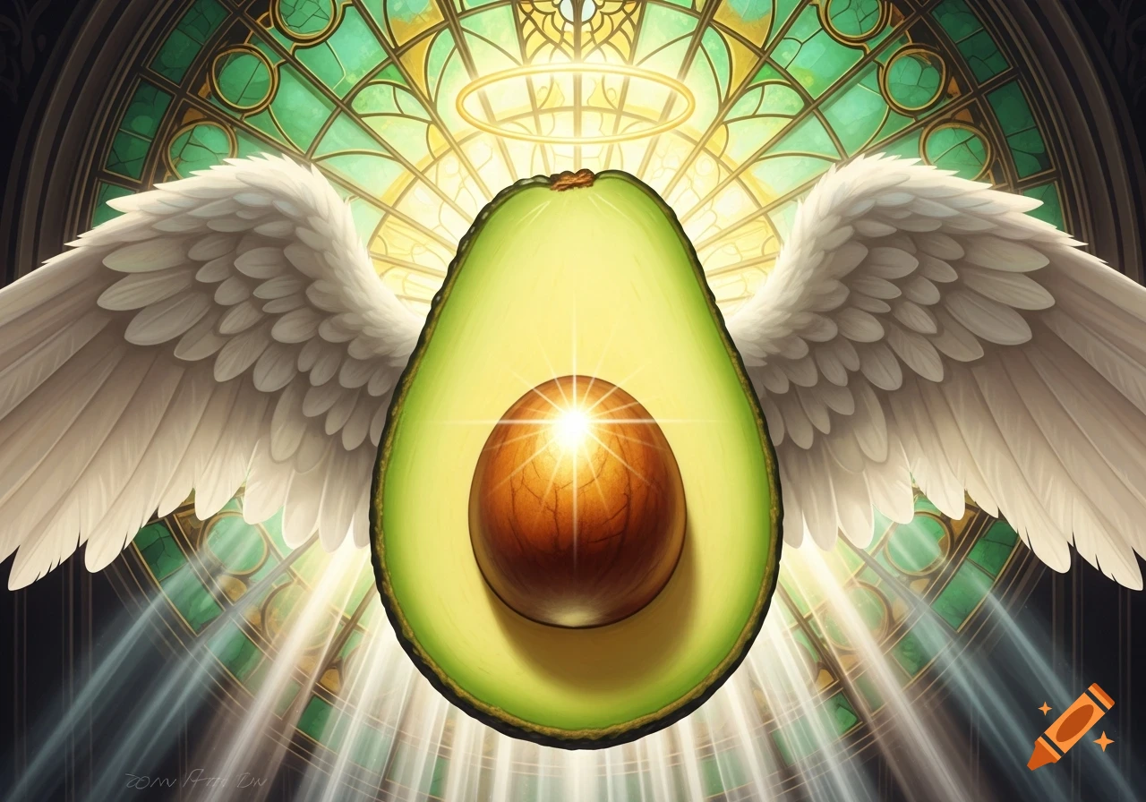 A halved avocado with a shining pit, angelic wings, and a halo floats before a radiant gold and green stained-glass window in a spiritual art style.