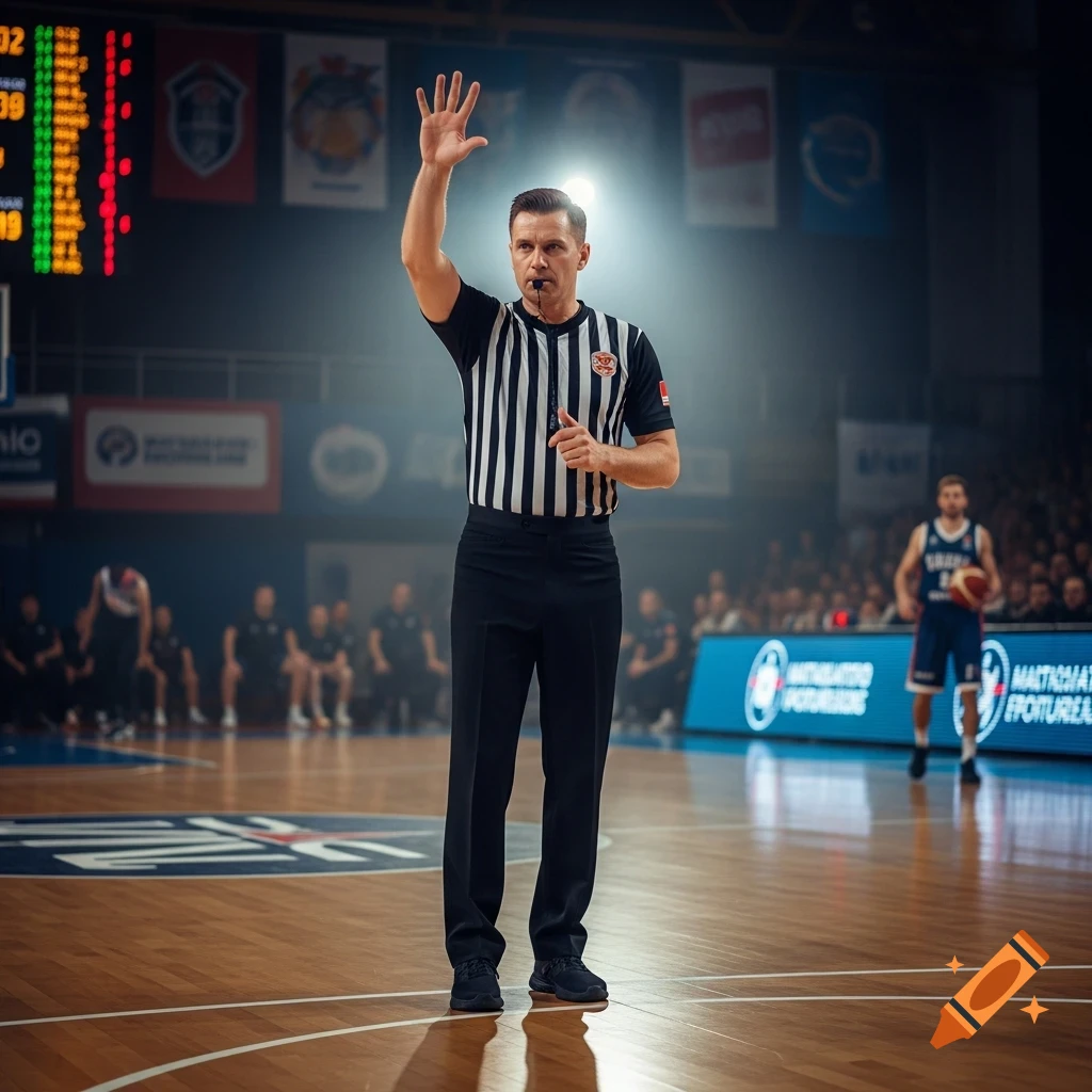A basketball referee in a striped shirt makes a signal with one hand raised on a brightly lit court, a player stands in the background.