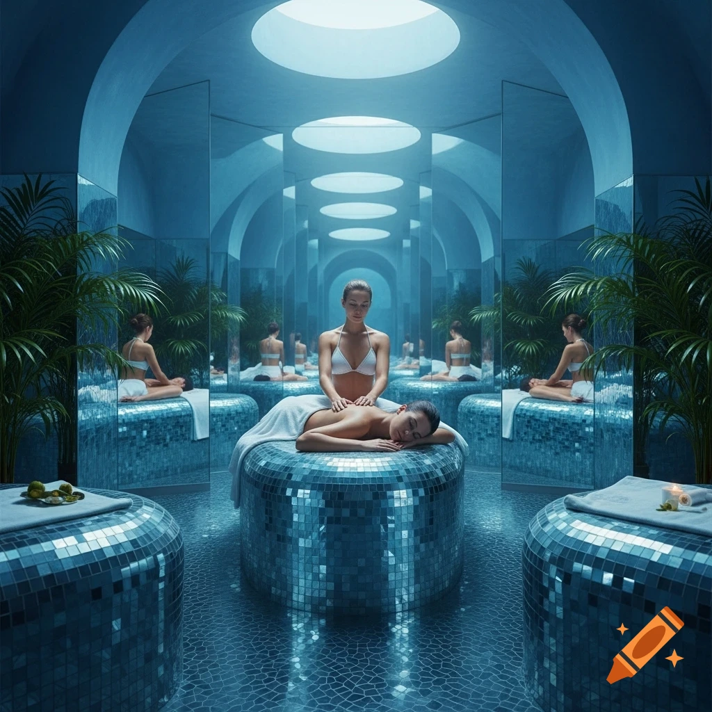 A woman massages another on a mirrored bed in a futuristic blue-toned spa room with mirrored walls and plants, photorealistic.