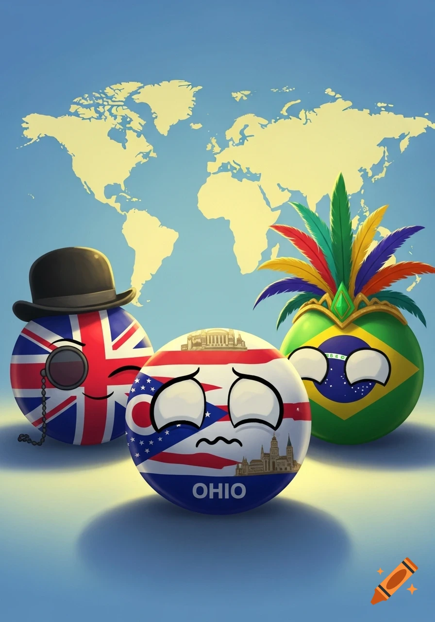 Three countryballs: UK in a bowler hat, a scared Ohio, and Brazil with a feathered headdress, against a world map.
