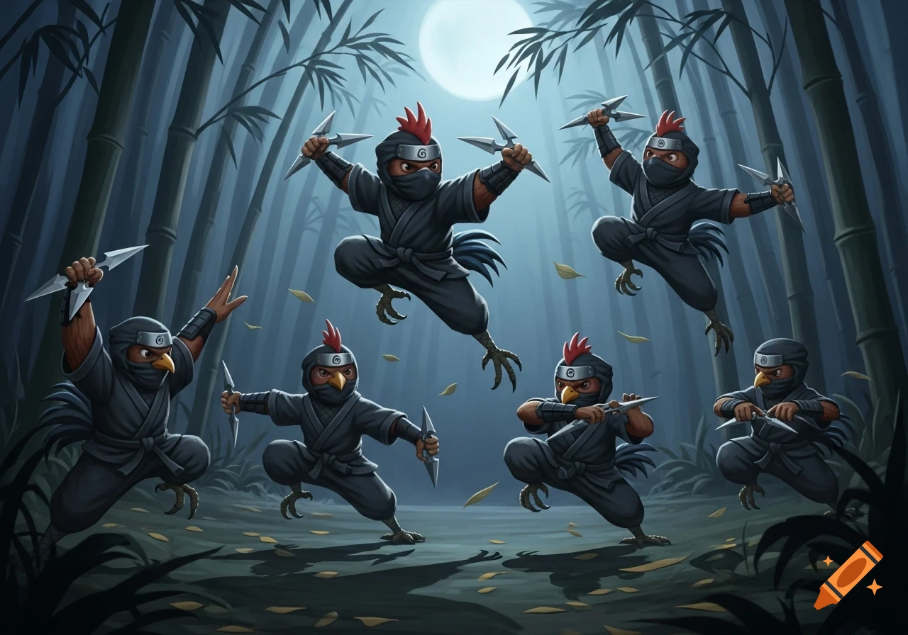 Cartoon ninja chickens wielding shurikens in a dark bamboo forest under a full moon.