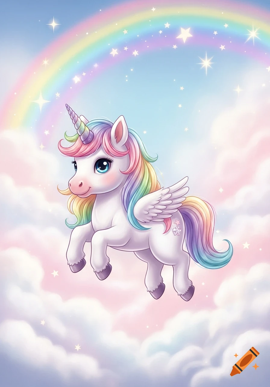 A cute, pastel baby rainbow unicorn with wings floats gracefully in soft clouds under a bright rainbow and sparkling sky.