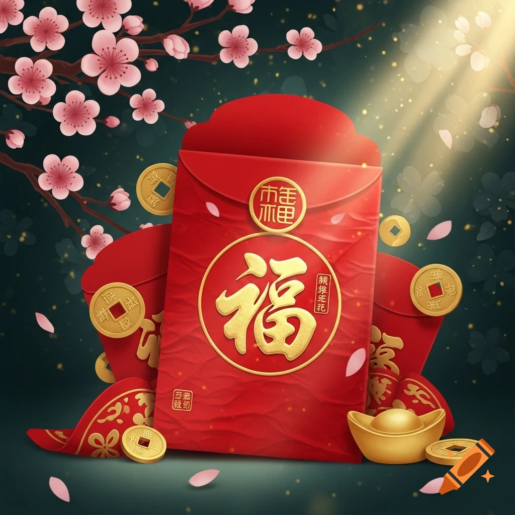 A vibrant illustration of red angpow envelopes, golden Chinese coins, and a gold ingot amidst falling pink cherry blossom petals.