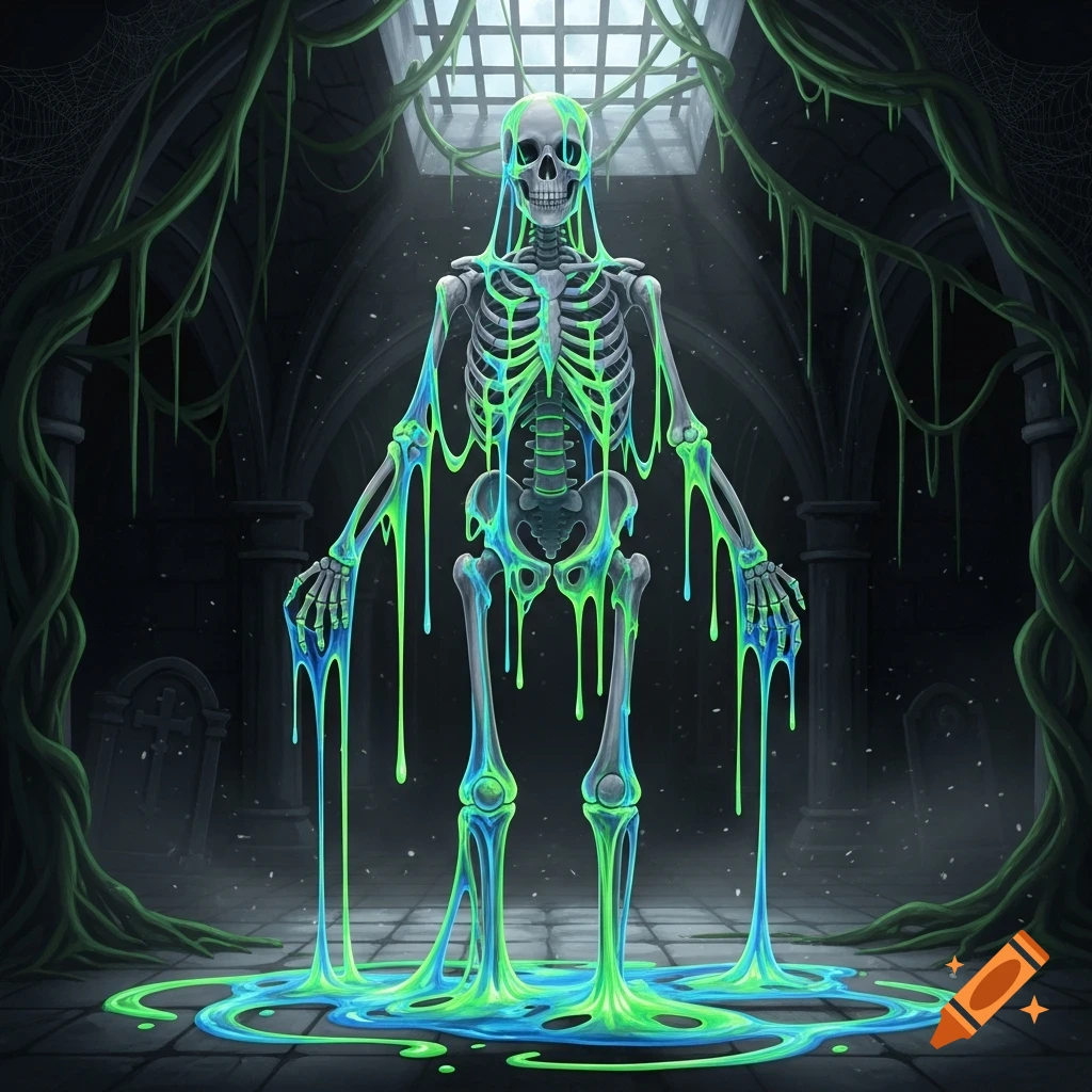 A skeleton covered in glowing green and blue goo stands in a dark, gothic chamber with hanging roots and cobwebs.