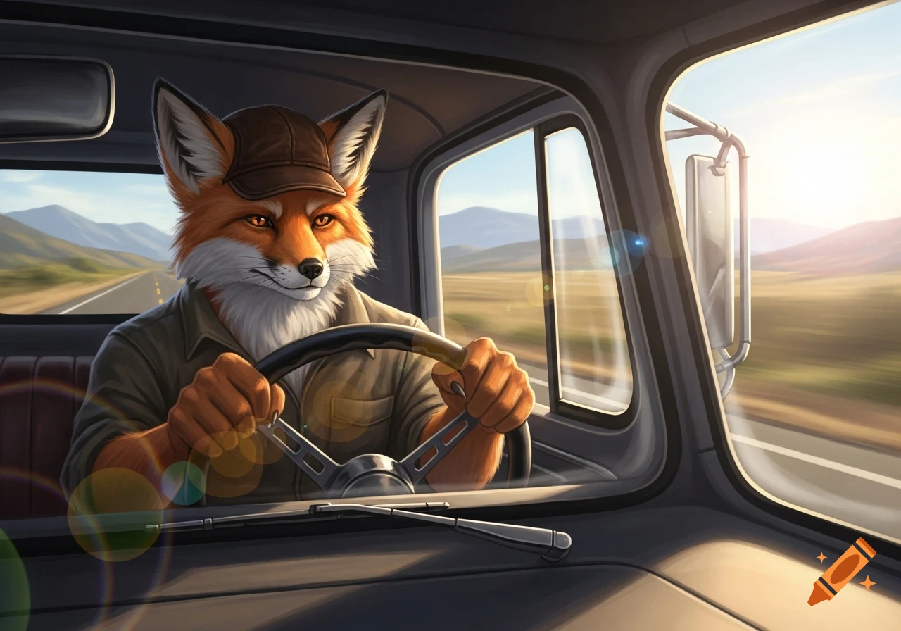 A furry fox wearing a cap drives a truck on a highway at sunrise, digital art.