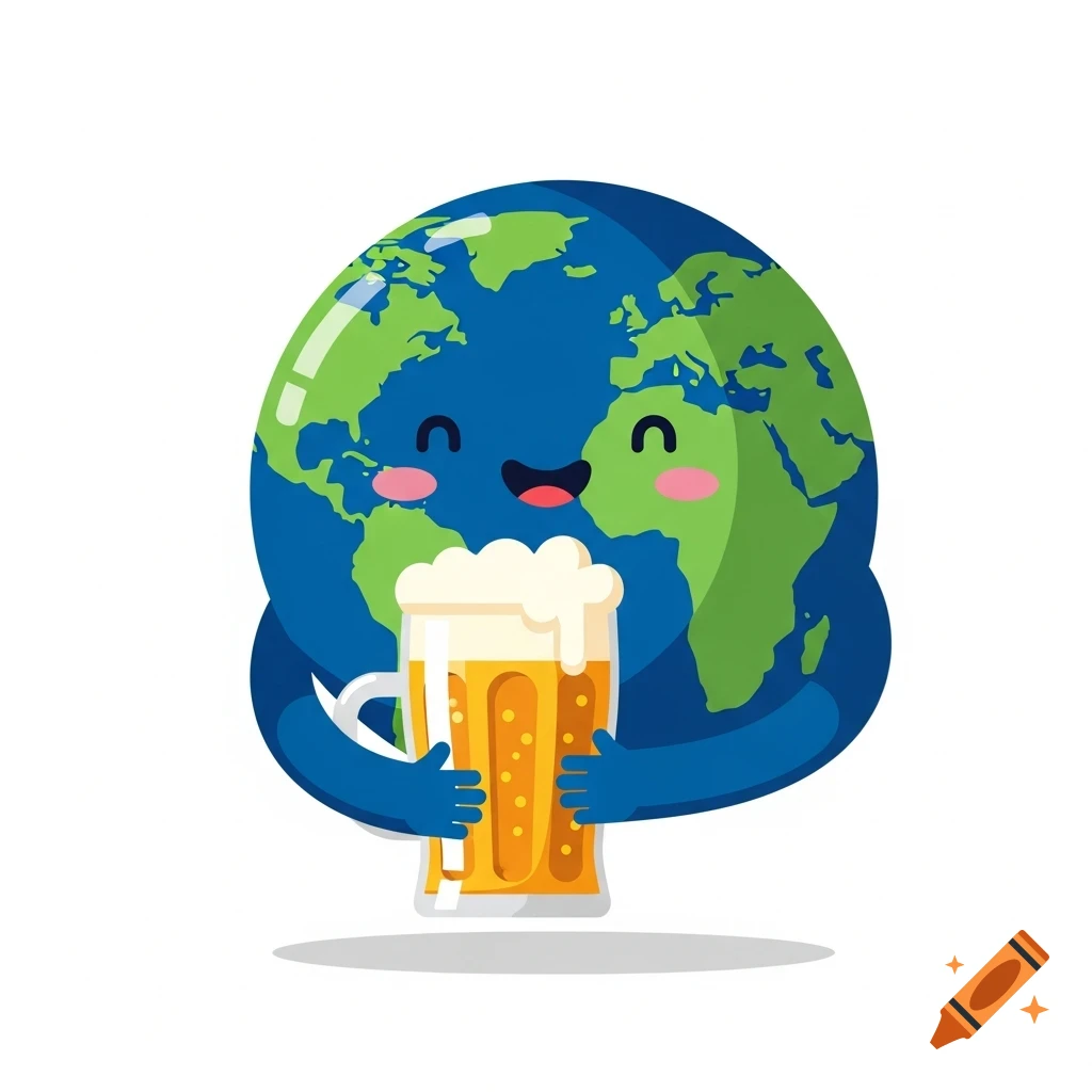 Cartoon Earth character with a happy face hugging a large pint of beer with foam.