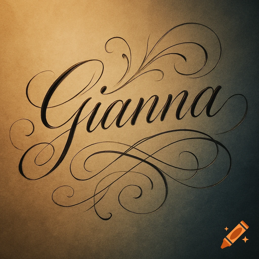 Elegant black cursive script spelling 'Gianna' with decorative flourishes on a textured gold and dark teal background.