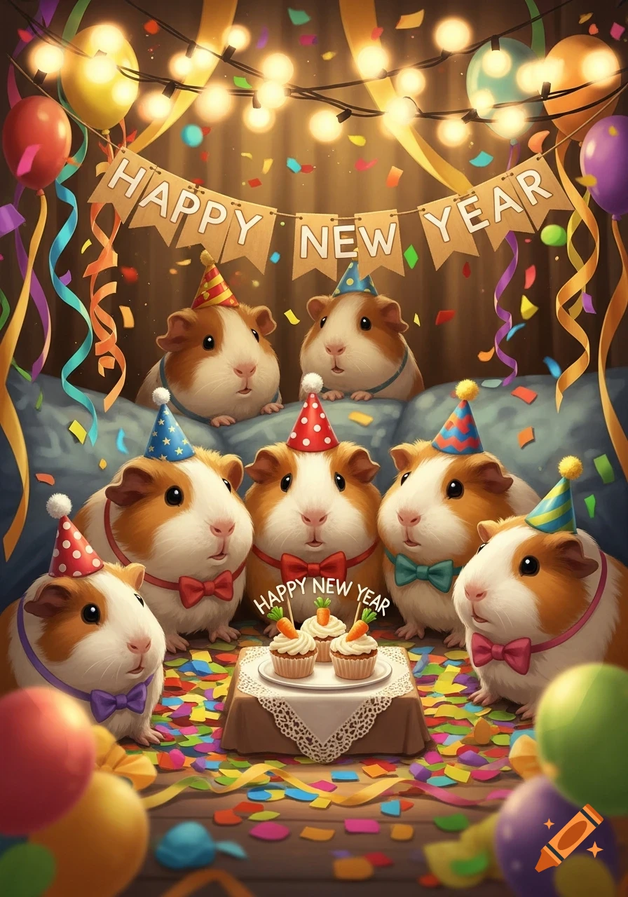 Cute guinea pigs in party hats and bow ties celebrate New Year's with a banner, confetti, balloons, and cupcakes.