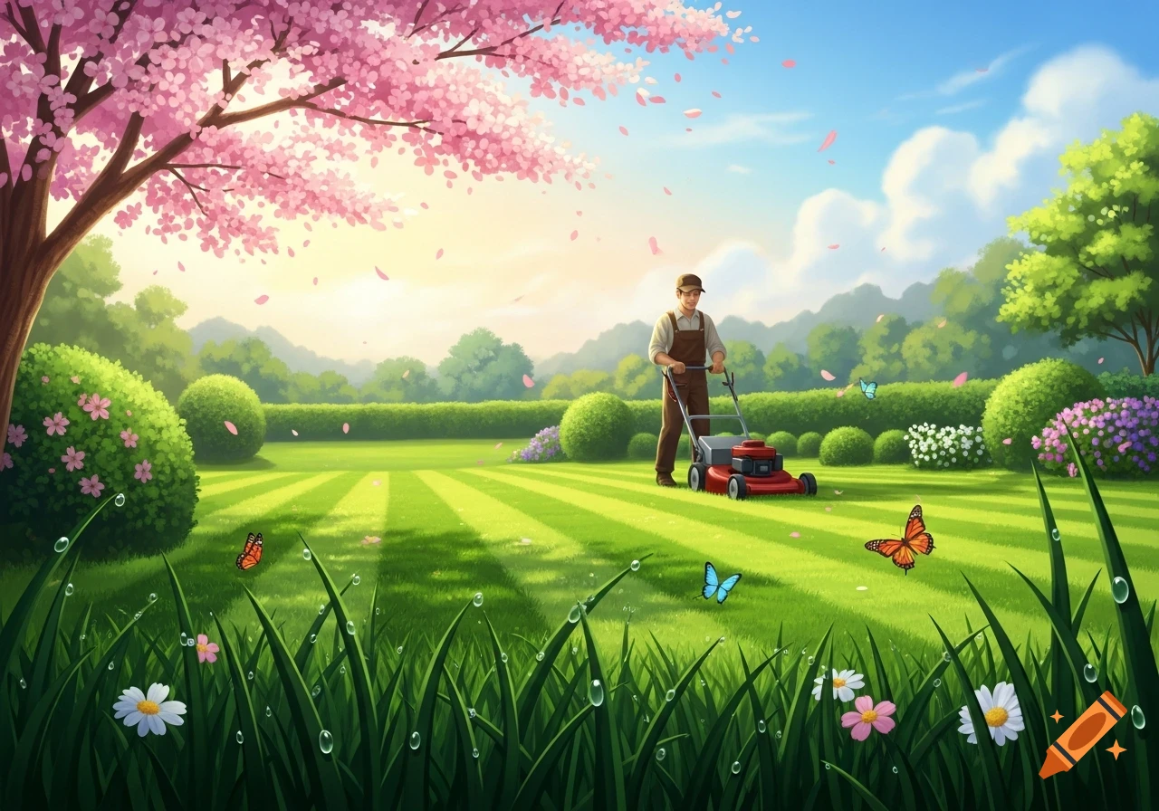 A man mows a striped lawn in a vibrant, illustrative spring garden with a pink cherry blossom tree, green bushes, and butterflies.
