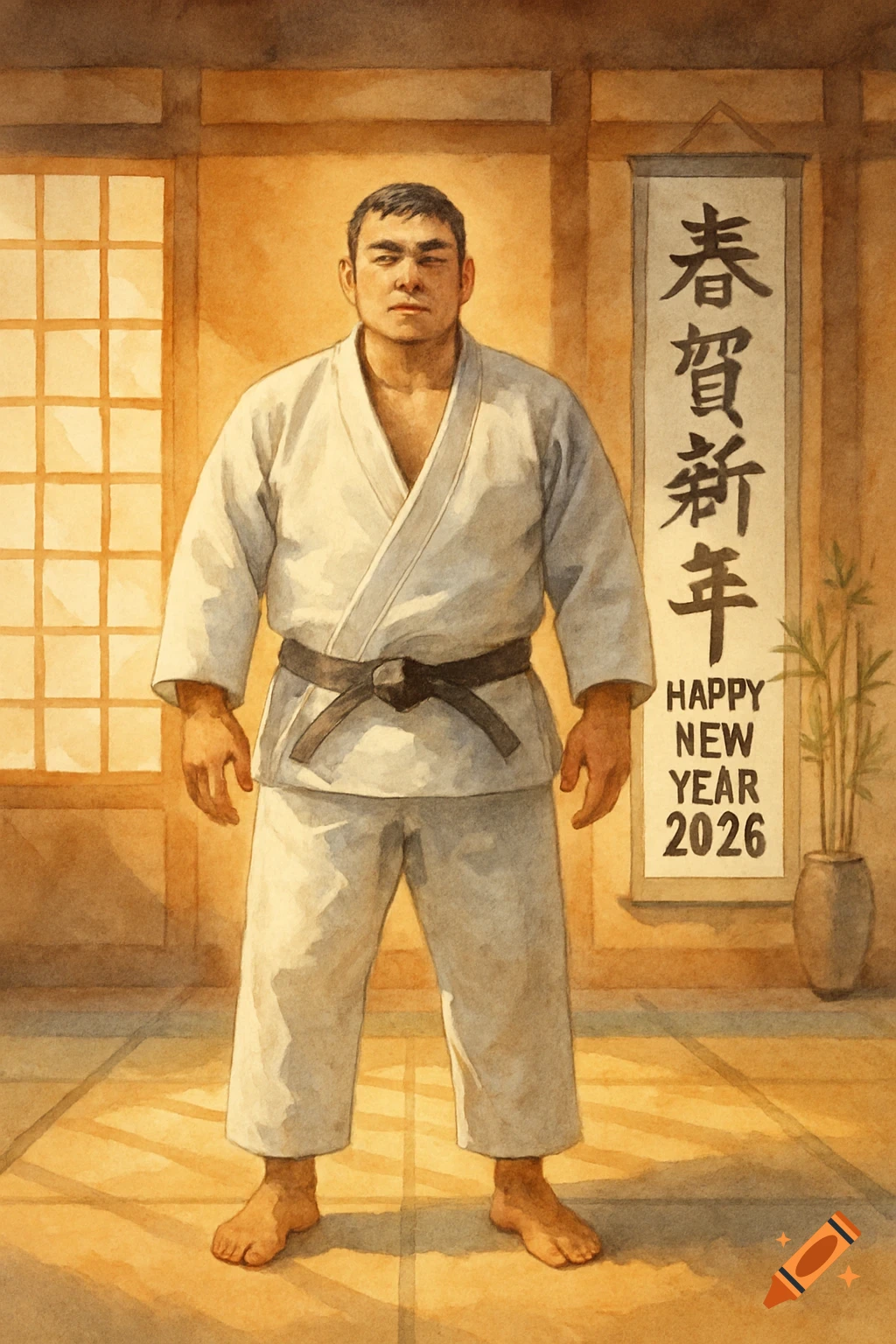 A judoka in a white gi stands in a Japanese dojo with a "Happy New Year 2026" scroll, in a watercolor style.