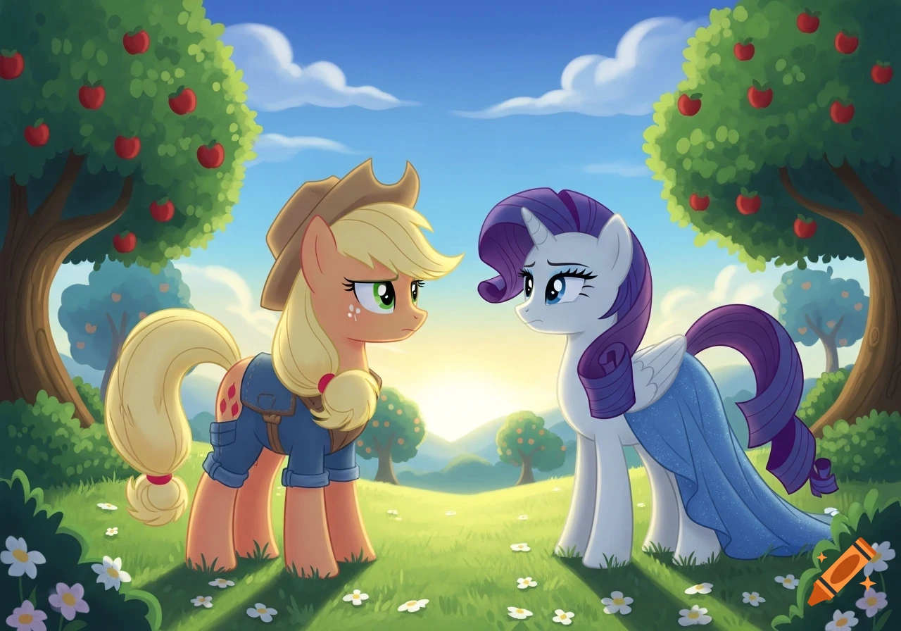 Cartoon Applejack and Rarity ponies look at each other sadly in a sunny green field with apple trees.