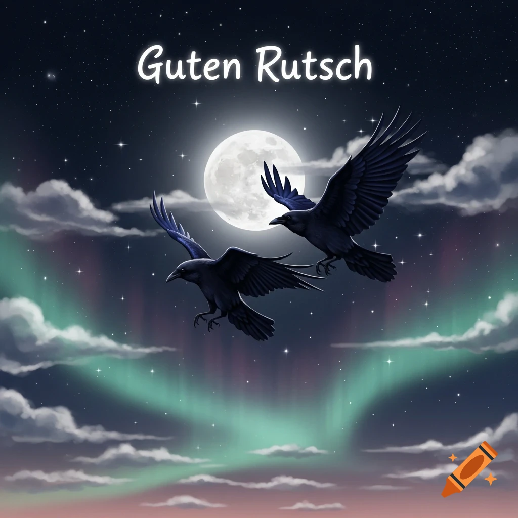 Two ravens fly under a full moon and colorful aurora borealis in a star-filled night sky, with the text 'Guten Rutsch'.