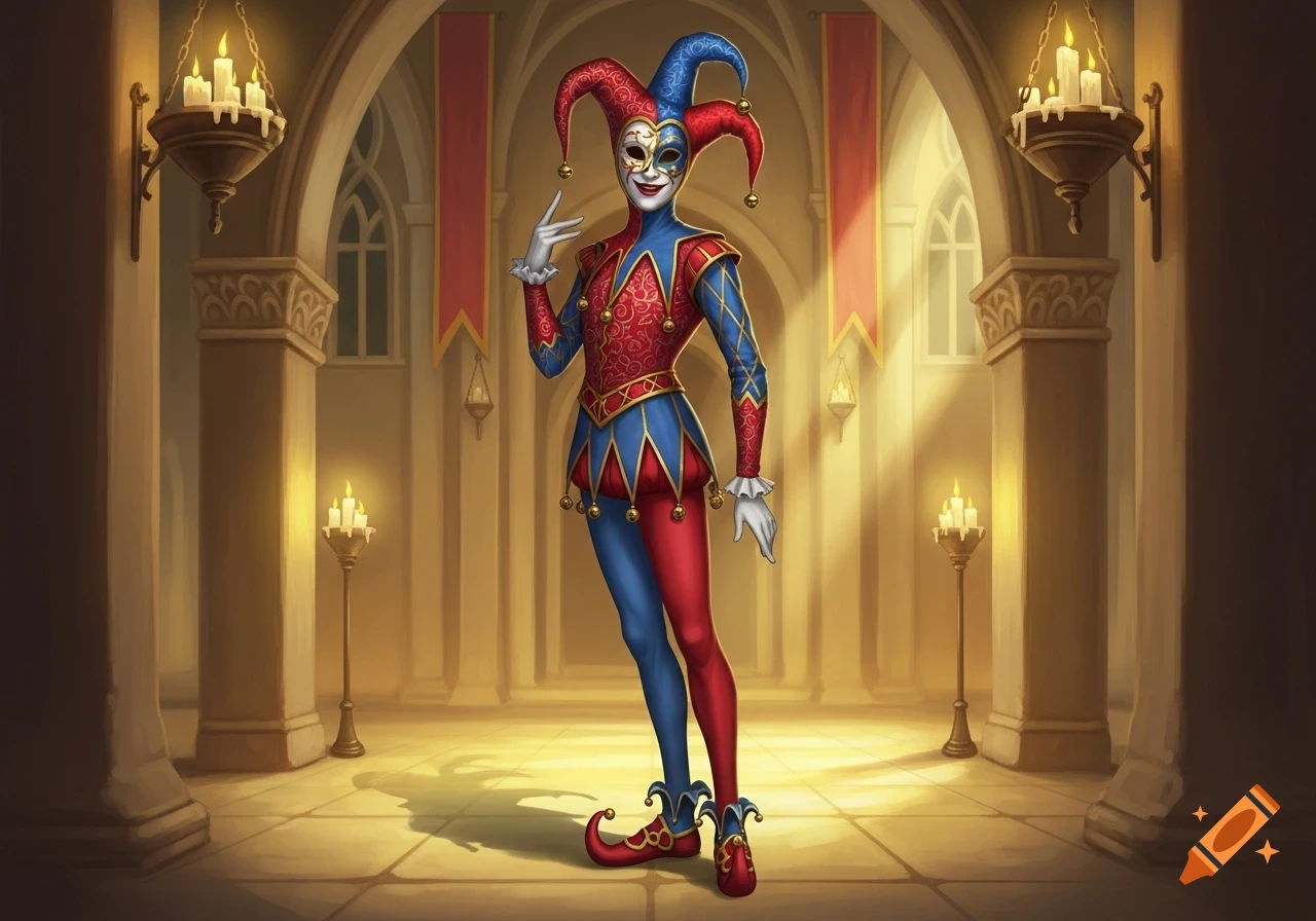 A slim jester in a red and blue harlequin costume with bells, wearing a smiling mask, stands in a candlelit arched hall.