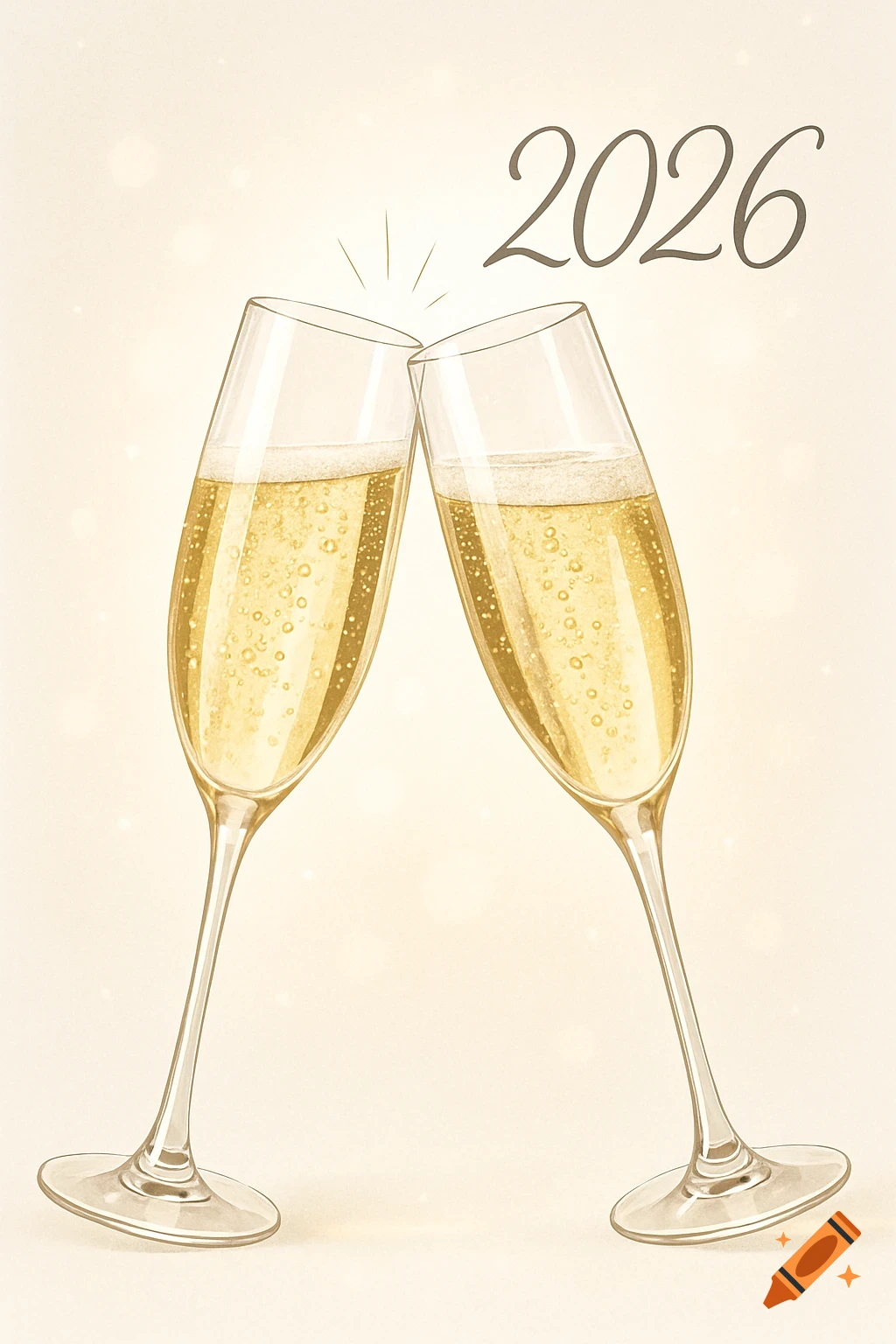 Two elegant champagne flutes clinking, filled with golden bubbles, with '2026' above, on a light festive background in an illustrative style.